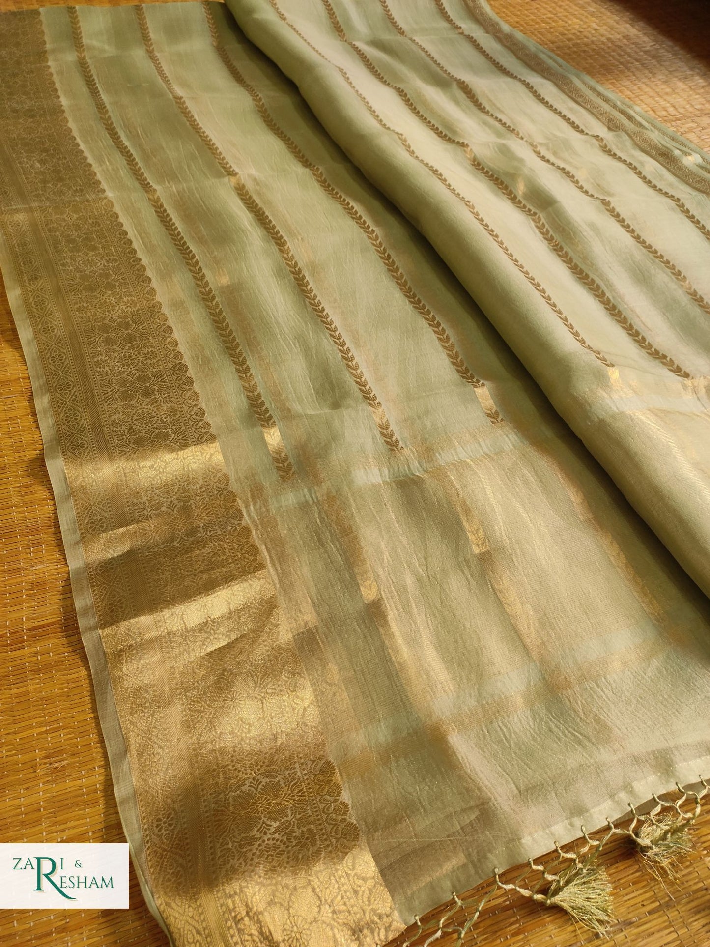 Pure Kora Silk Saree with Reshmi Zari - Pista Green