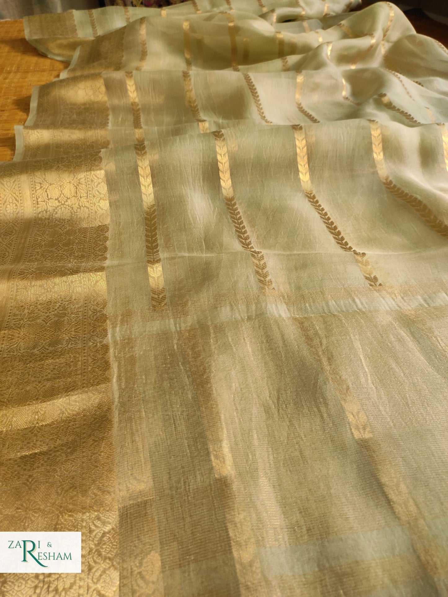 Pure Kora Silk Saree with Reshmi Zari - Pista Green