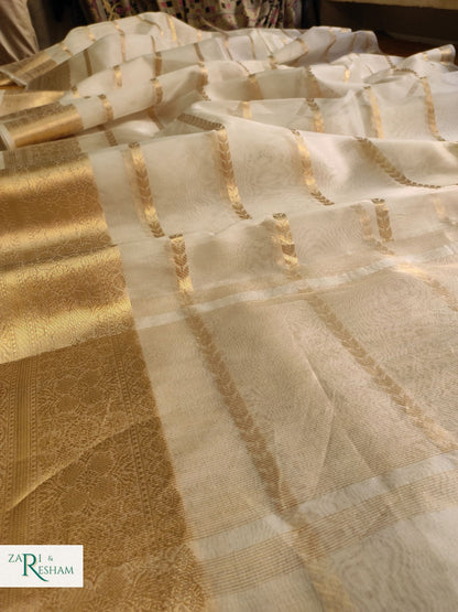 Pure Kora Silk Saree with Reshmi Zari - Off White