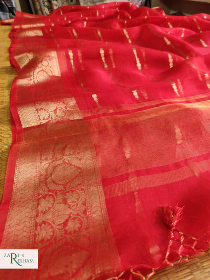 Pure Kora Silk Saree with Reshmi Zari - Red