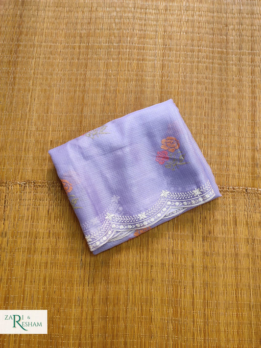 Pure Tusser Kota Silk Saree with CrossStitch Rose Buta Embroidery Work with Scalloped Edges - Mouve