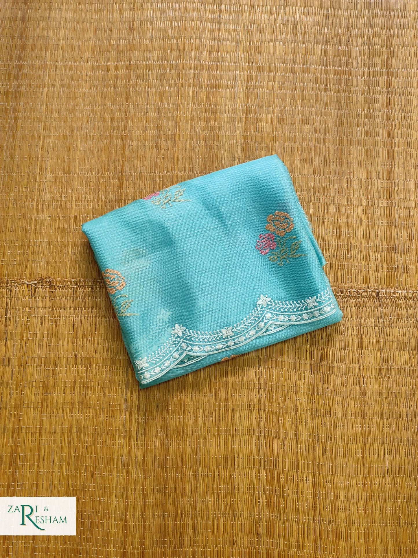 Pure Tusser Kota Silk Saree with CrossStitch Rose Buta Embroidery Work with Scalloped Edges - Sea Blue