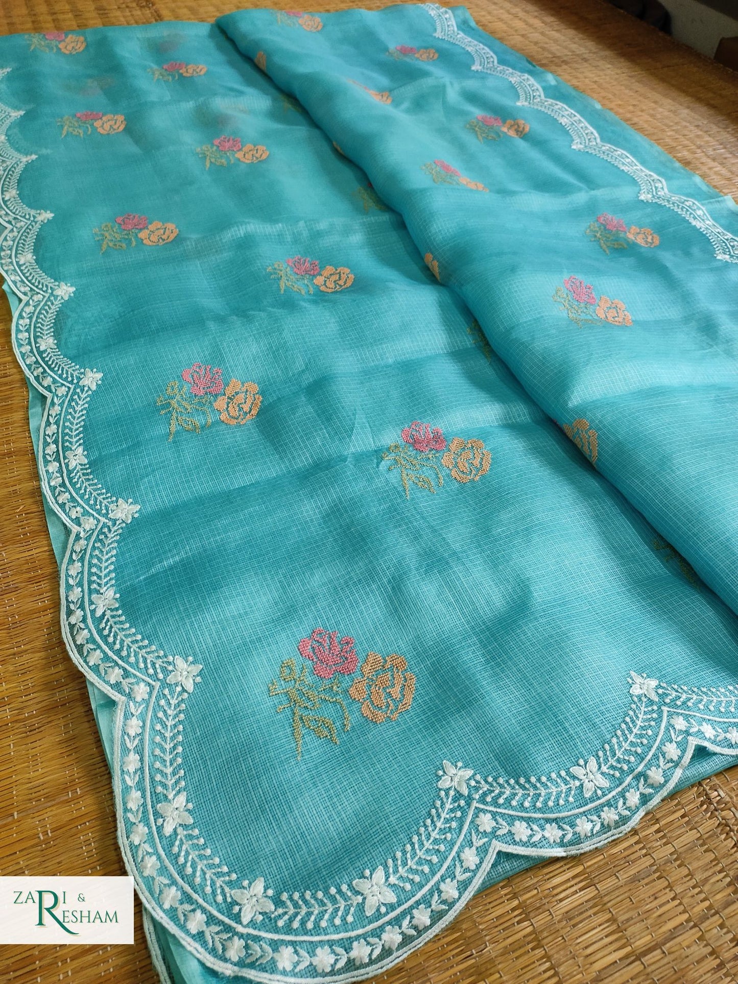 Pure Tusser Kota Silk Saree with CrossStitch Rose Buta Embroidery Work with Scalloped Edges - Sea Blue