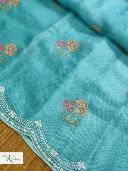 Pure Tusser Kota Silk Saree with CrossStitch Rose Buta Embroidery Work with Scalloped Edges - Sea Blue