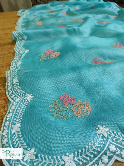 Pure Tusser Kota Silk Saree with CrossStitch Rose Buta Embroidery Work with Scalloped Edges - Sea Blue