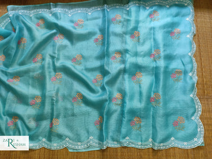 Pure Tusser Kota Silk Saree with CrossStitch Rose Buta Embroidery Work with Scalloped Edges - Sea Blue