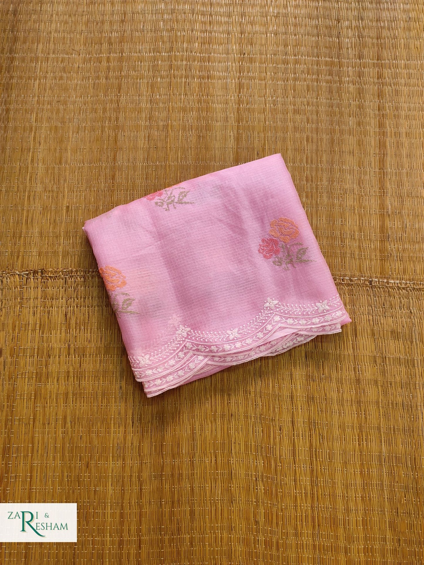 Pure Tusser Kota Silk Saree with CrossStitch Rose Buta Embroidery Work with Scalloped Edges - Pink