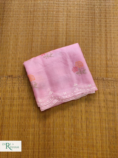 Pure Tusser Kota Silk Saree with CrossStitch Rose Buta Embroidery Work with Scalloped Edges - Pink