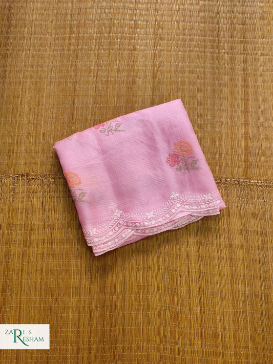 Pure Tusser Kota Silk Saree with CrossStitch Rose Buta Embroidery Work with Scalloped Edges - Pink