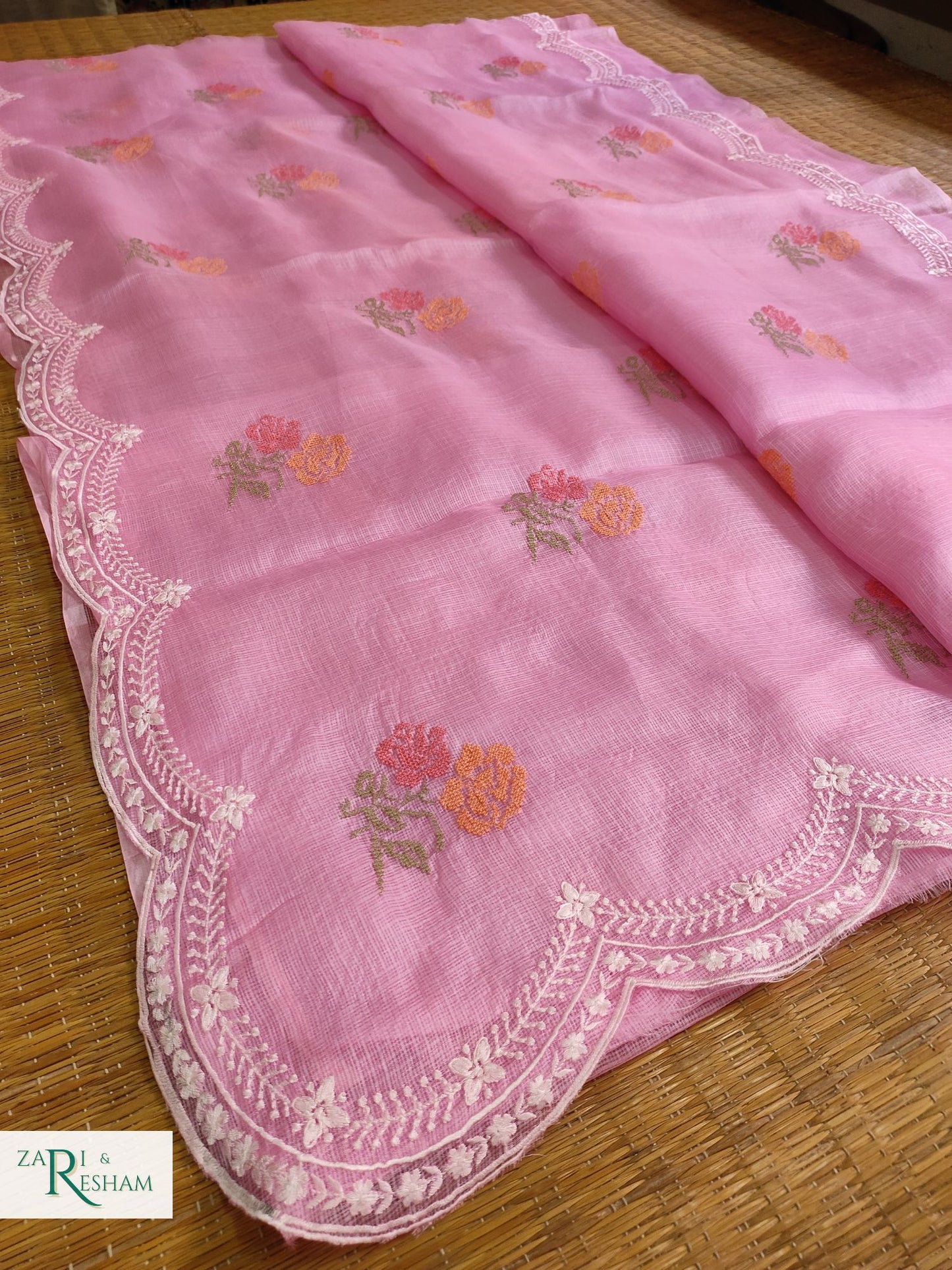 Pure Tusser Kota Silk Saree with CrossStitch Rose Buta Embroidery Work with Scalloped Edges - Pink