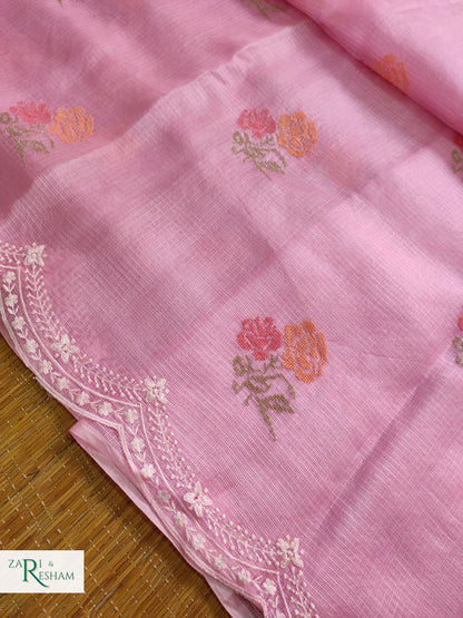 Pure Tusser Kota Silk Saree with CrossStitch Rose Buta Embroidery Work with Scalloped Edges - Pink