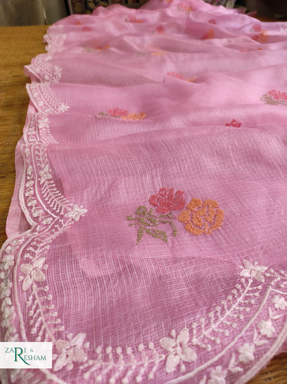 Pure Tusser Kota Silk Saree with CrossStitch Rose Buta Embroidery Work with Scalloped Edges - Pink