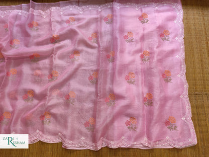 Pure Tusser Kota Silk Saree with CrossStitch Rose Buta Embroidery Work with Scalloped Edges - Pink