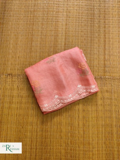 Pure Tusser Kota Silk Saree with CrossStitch Rose Buta Embroidery Work with Scalloped Edges - Peach