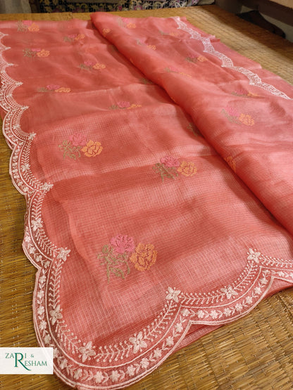 Pure Tusser Kota Silk Saree with CrossStitch Rose Buta Embroidery Work with Scalloped Edges - Peach