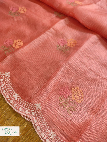 Pure Tusser Kota Silk Saree with CrossStitch Rose Buta Embroidery Work with Scalloped Edges - Peach