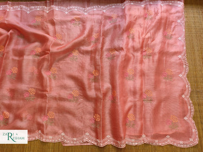 Pure Tusser Kota Silk Saree with CrossStitch Rose Buta Embroidery Work with Scalloped Edges - Peach