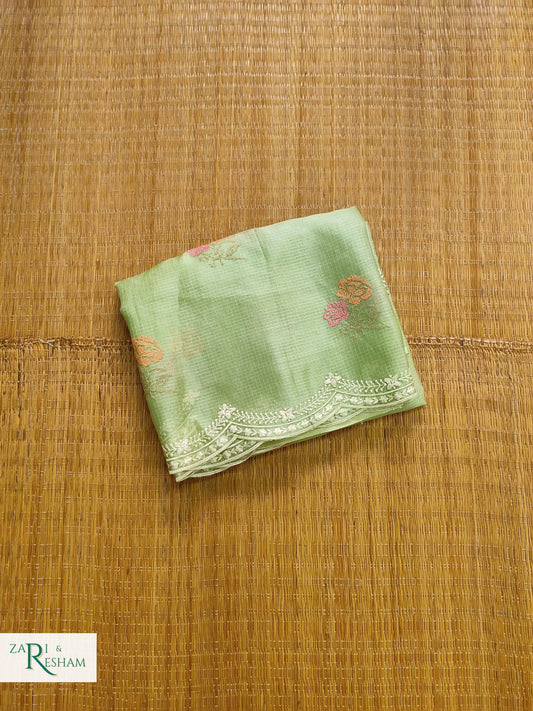 Pure Tusser Kota Silk Saree with CrossStitch Rose Buta Embroidery Work with Scalloped Edges - Green