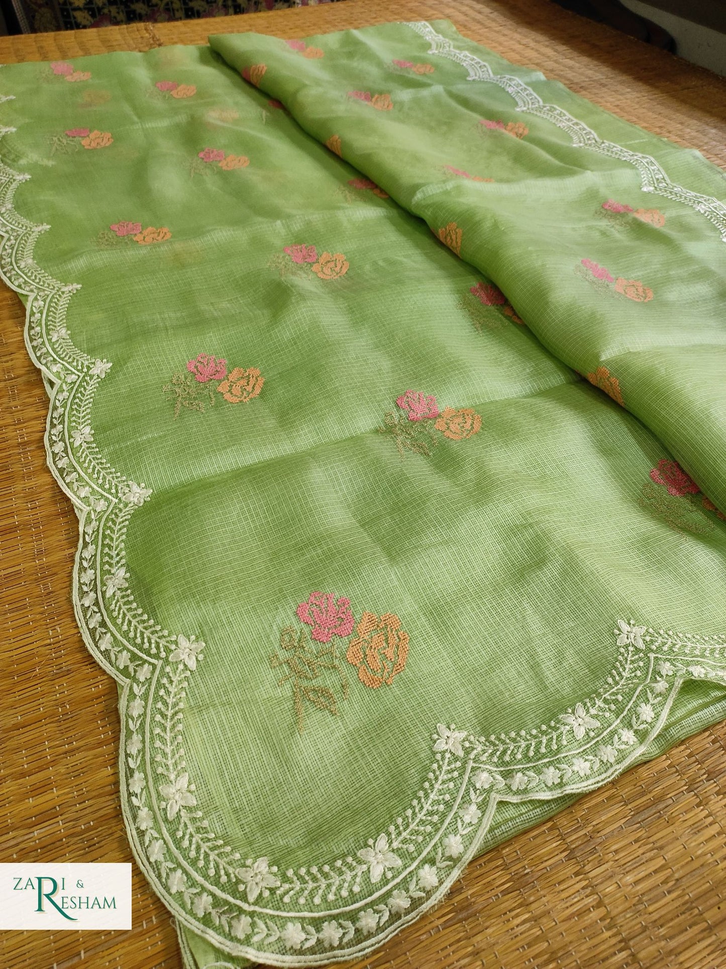 Pure Tusser Kota Silk Saree with CrossStitch Rose Buta Embroidery Work with Scalloped Edges - Green