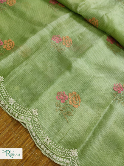 Pure Tusser Kota Silk Saree with CrossStitch Rose Buta Embroidery Work with Scalloped Edges - Green