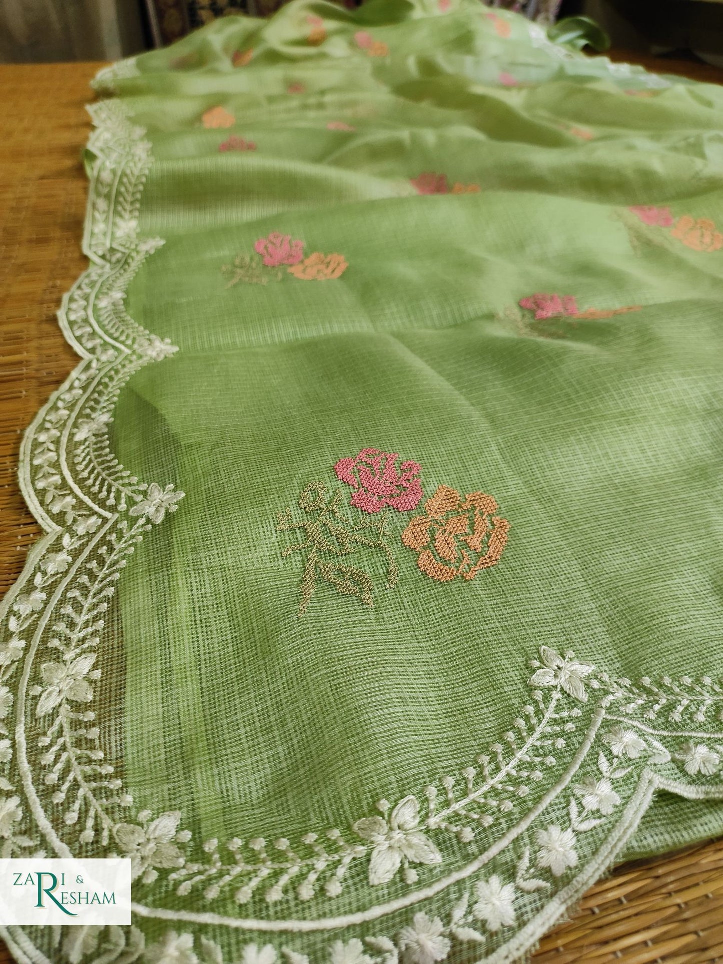 Pure Tusser Kota Silk Saree with CrossStitch Rose Buta Embroidery Work with Scalloped Edges - Green