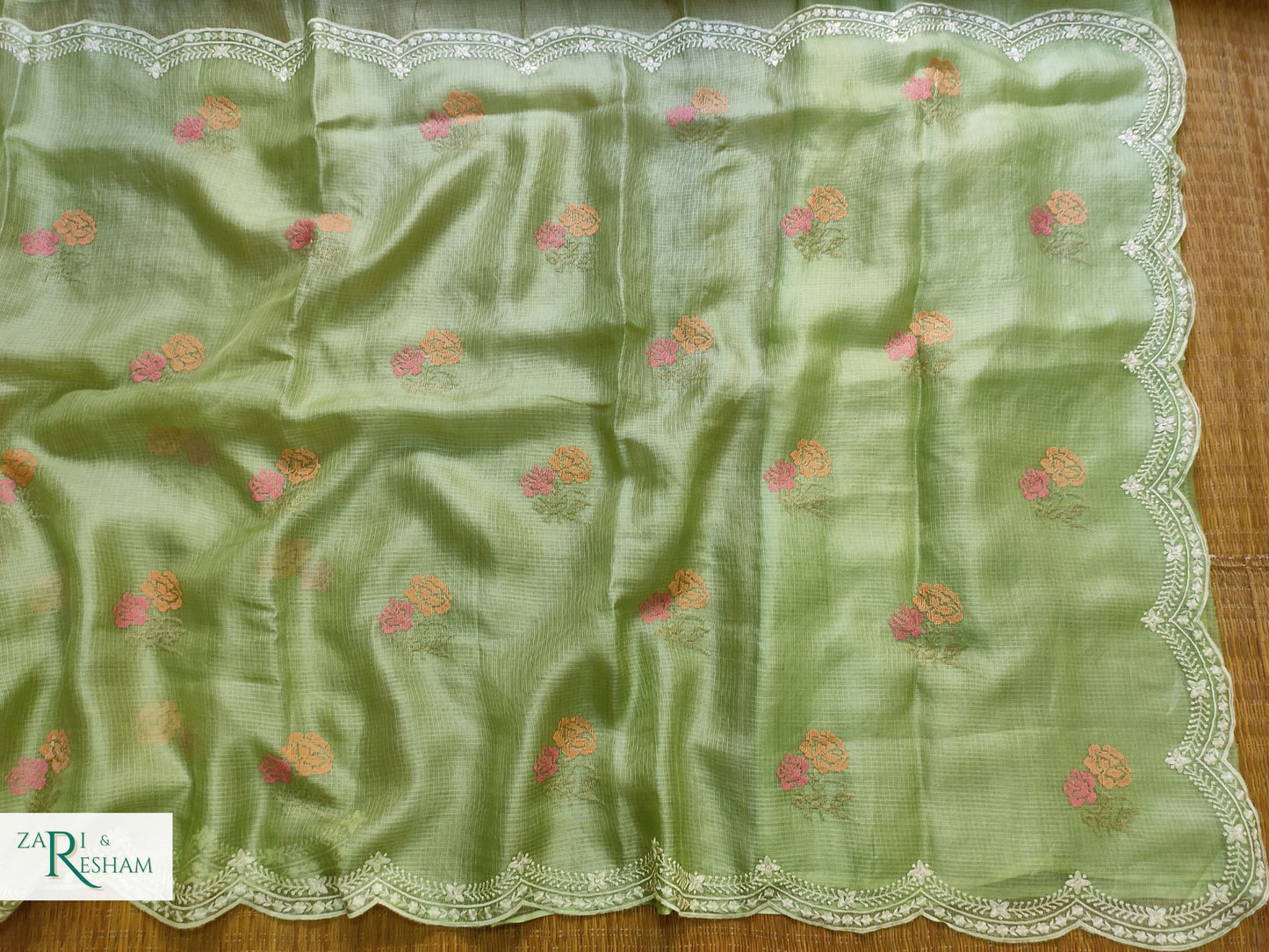 Pure Tusser Kota Silk Saree with CrossStitch Rose Buta Embroidery Work with Scalloped Edges - Green