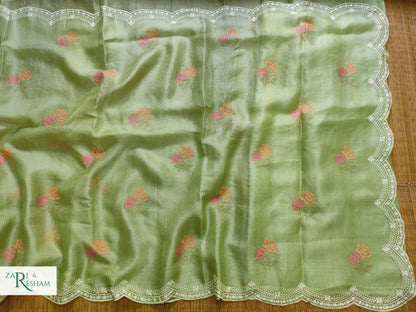 Pure Tusser Kota Silk Saree with CrossStitch Rose Buta Embroidery Work with Scalloped Edges - Green