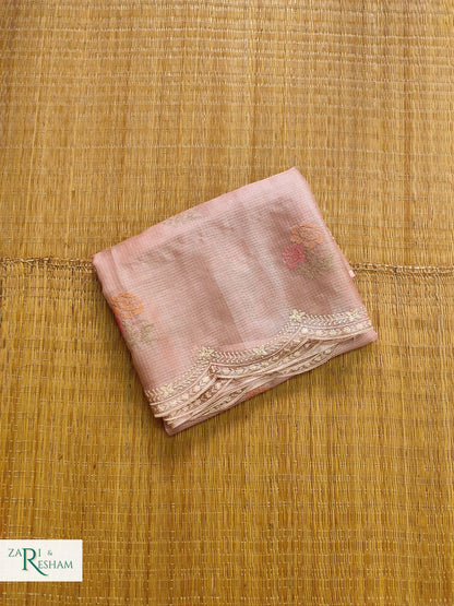 Pure Tusser Kota Silk Saree with CrossStitch Rose Buta Embroidery Work with Scalloped Edges - Copper