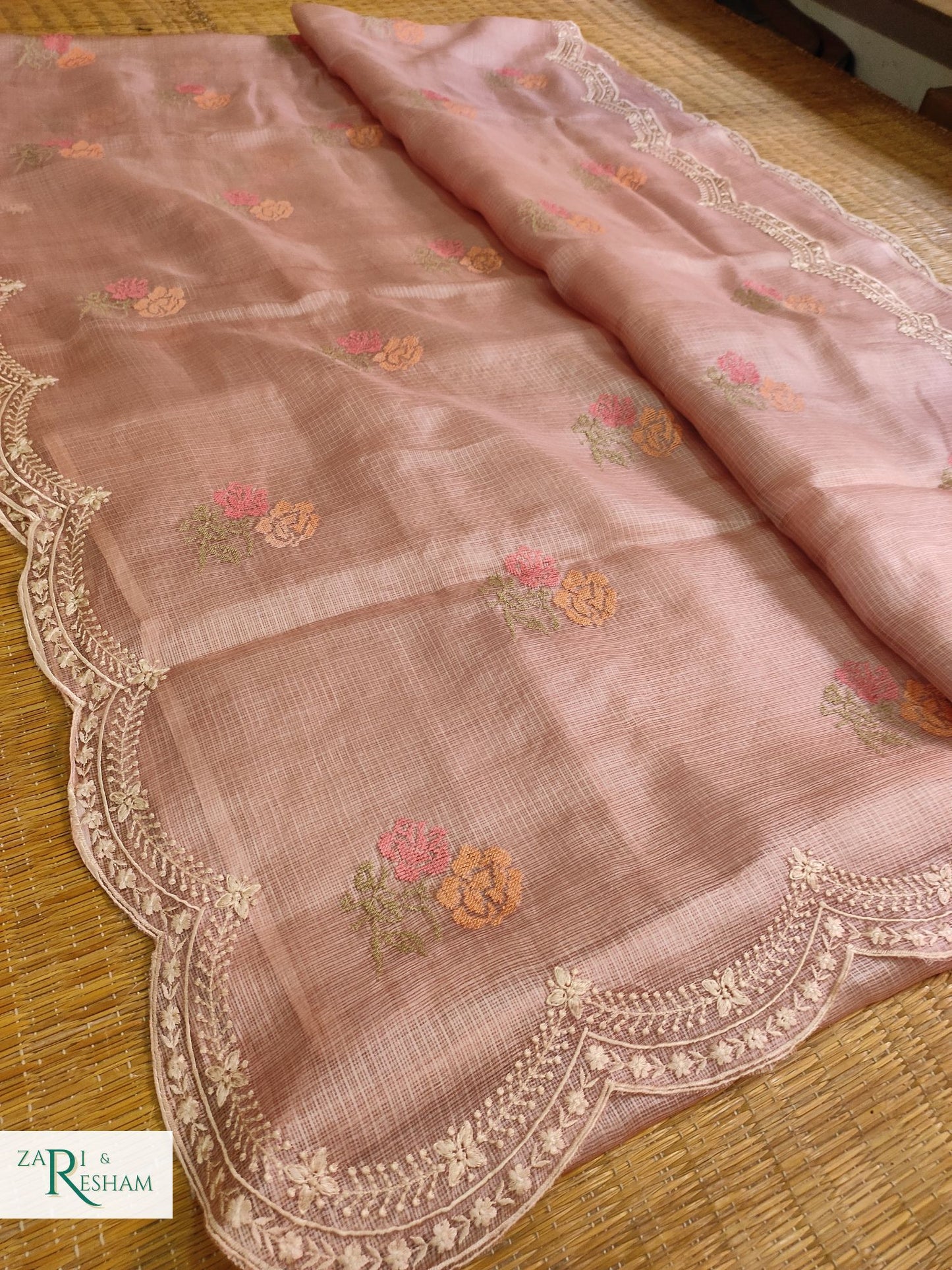 Pure Tusser Kota Silk Saree with CrossStitch Rose Buta Embroidery Work with Scalloped Edges - Copper