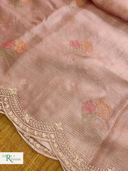 Pure Tusser Kota Silk Saree with CrossStitch Rose Buta Embroidery Work with Scalloped Edges - Copper