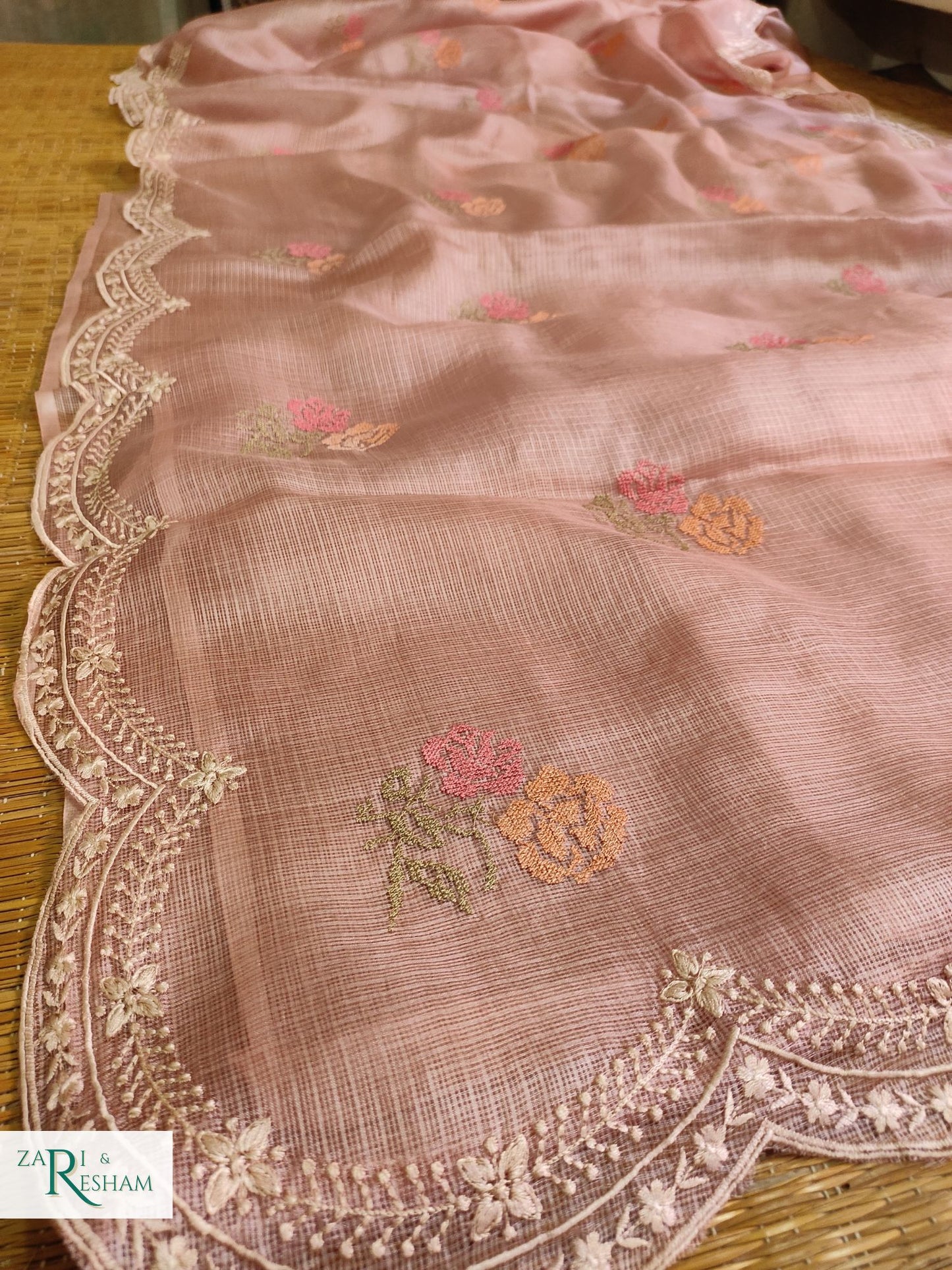 Pure Tusser Kota Silk Saree with CrossStitch Rose Buta Embroidery Work with Scalloped Edges - Copper