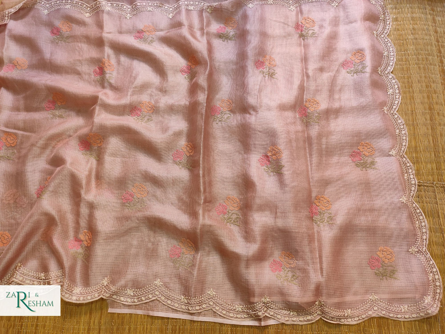 Pure Tusser Kota Silk Saree with CrossStitch Rose Buta Embroidery Work with Scalloped Edges - Copper