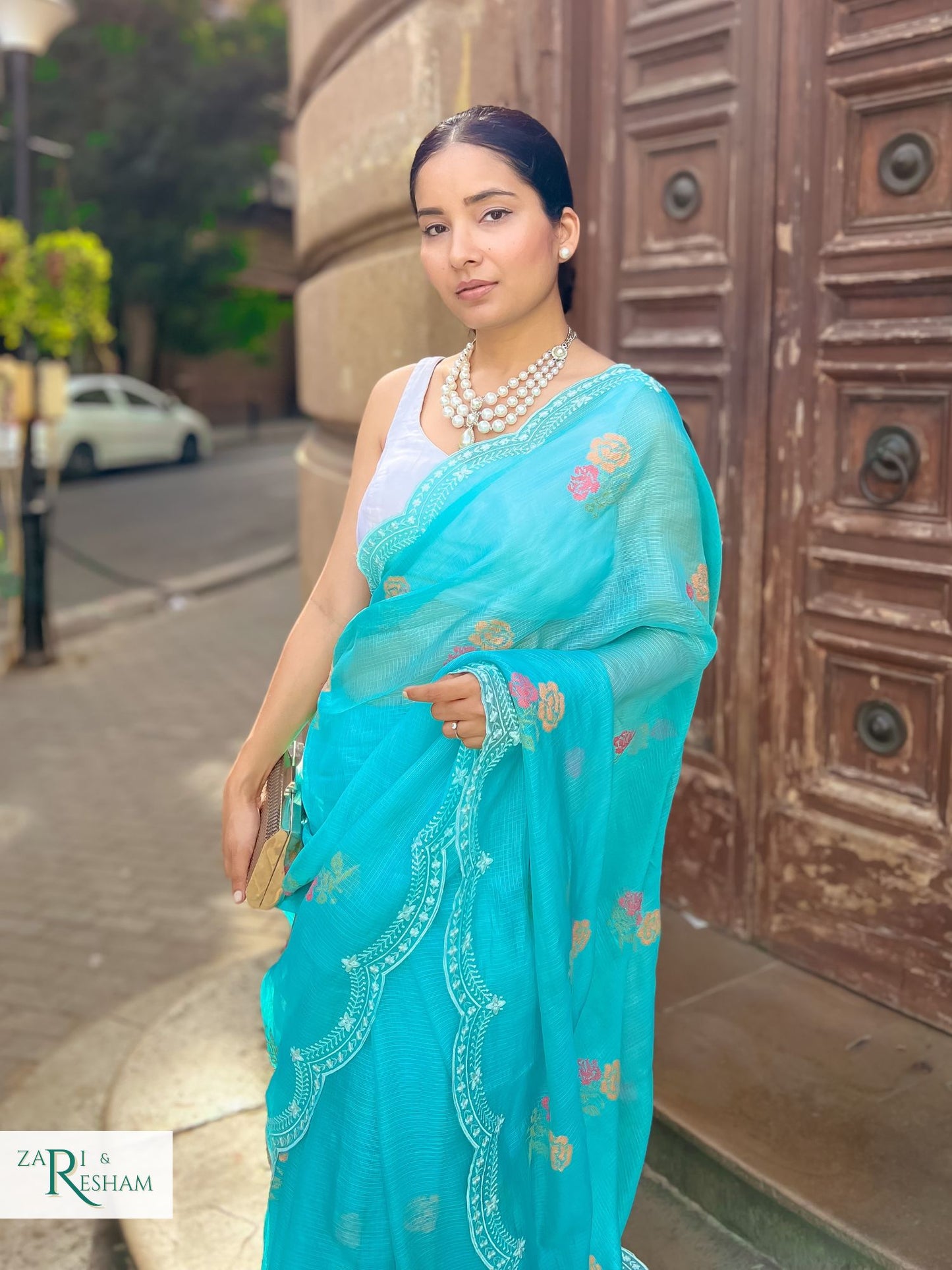 Pure Tusser Kota Silk Saree with CrossStitch Rose Buta Embroidery Work with Scalloped Edges - Sea Blue