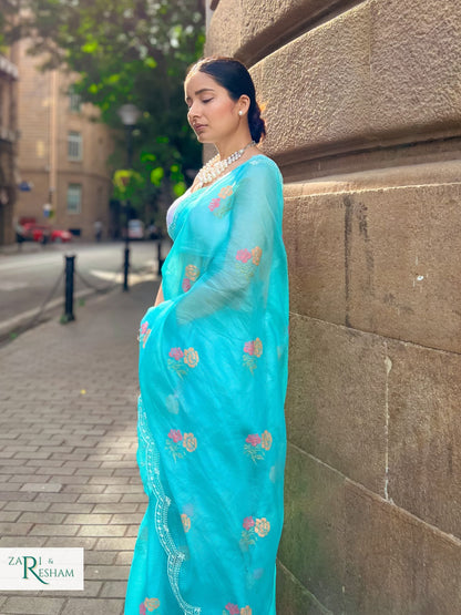 Pure Tusser Kota Silk Saree with CrossStitch Rose Buta Embroidery Work with Scalloped Edges - Sea Blue