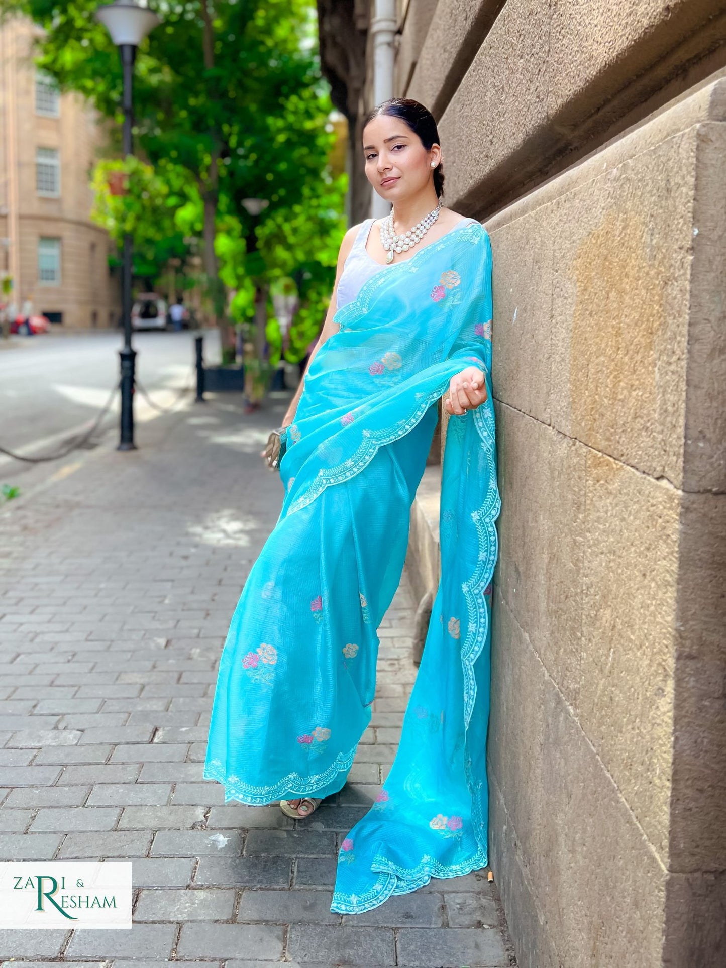 Pure Tusser Kota Silk Saree with CrossStitch Rose Buta Embroidery Work with Scalloped Edges - Sea Blue