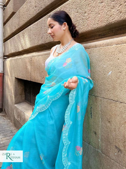 Pure Tusser Kota Silk Saree with CrossStitch Rose Buta Embroidery Work with Scalloped Edges - Sea Blue