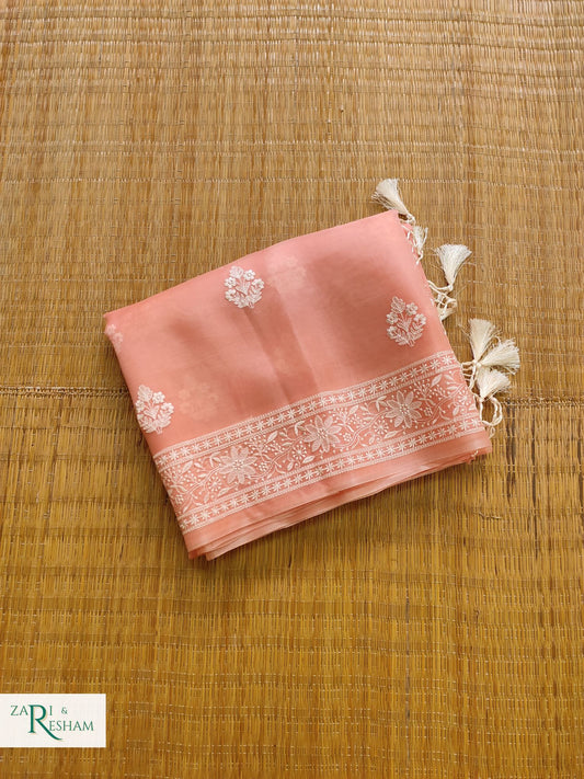 Pure Organza Silk Saree with Beautiful Chikankari Embroidery Work - Peach