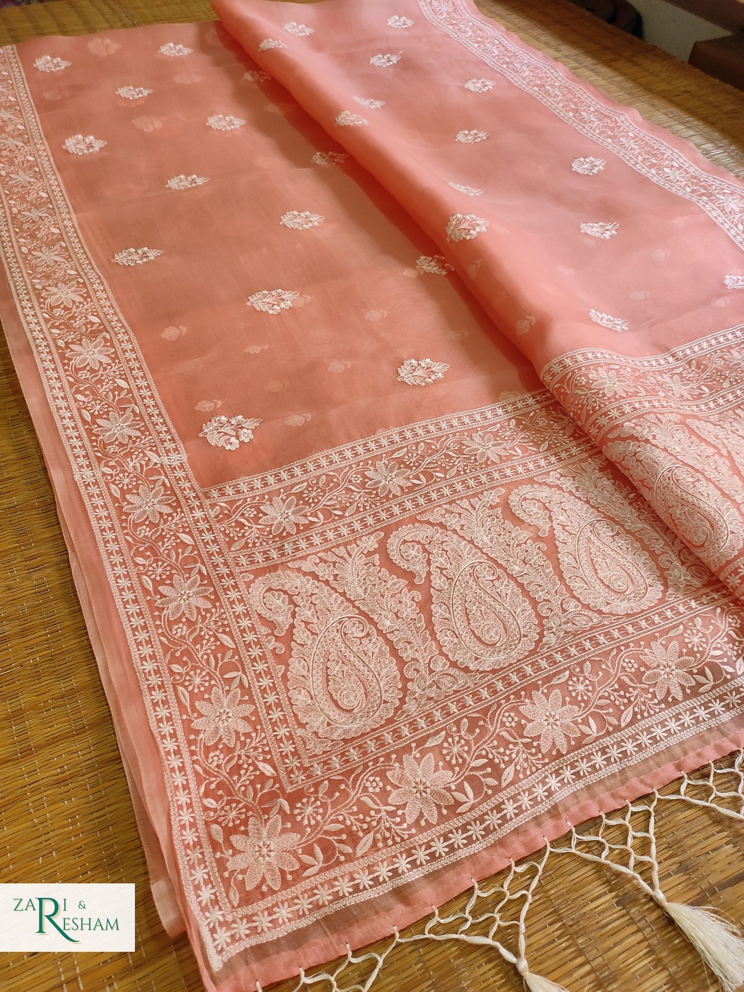 Pure Organza Silk Saree with Beautiful Chikankari Embroidery Work - Peach