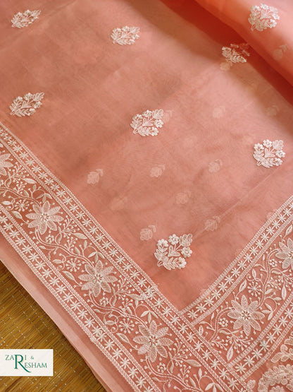 Pure Organza Silk Saree with Beautiful Chikankari Embroidery Work - Peach