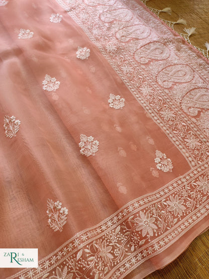 Pure Organza Silk Saree with Beautiful Chikankari Embroidery Work - Peach