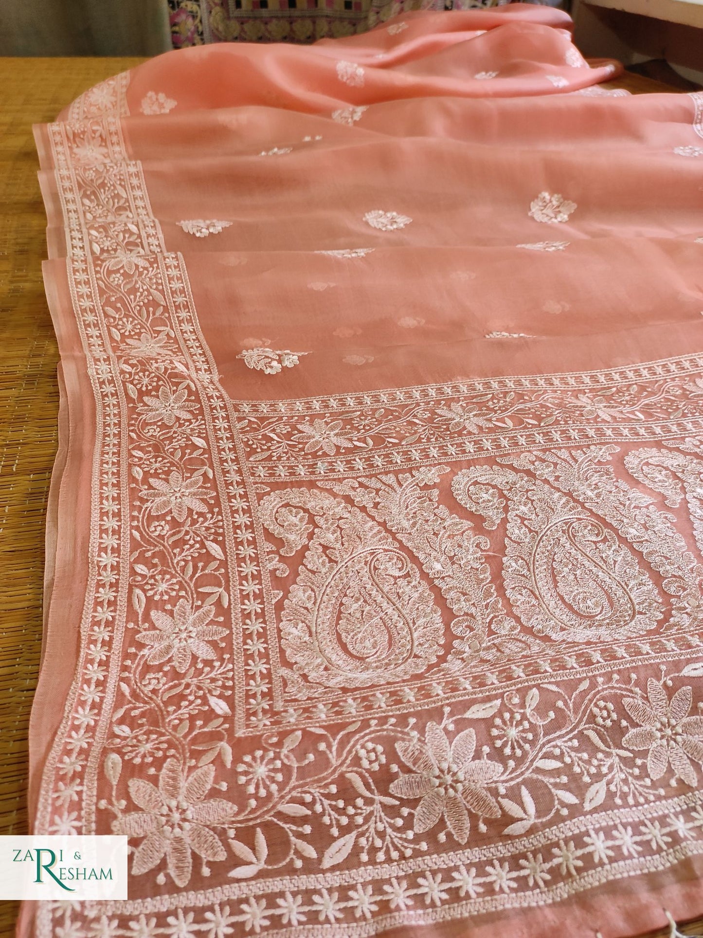 Pure Organza Silk Saree with Beautiful Chikankari Embroidery Work - Peach