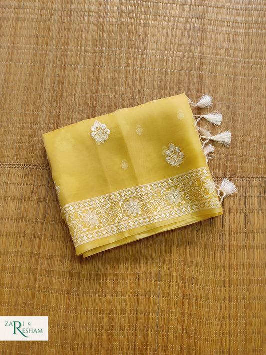 Pure Organza Silk Saree with Beautiful Chikankari Embroidery Work - Yellow