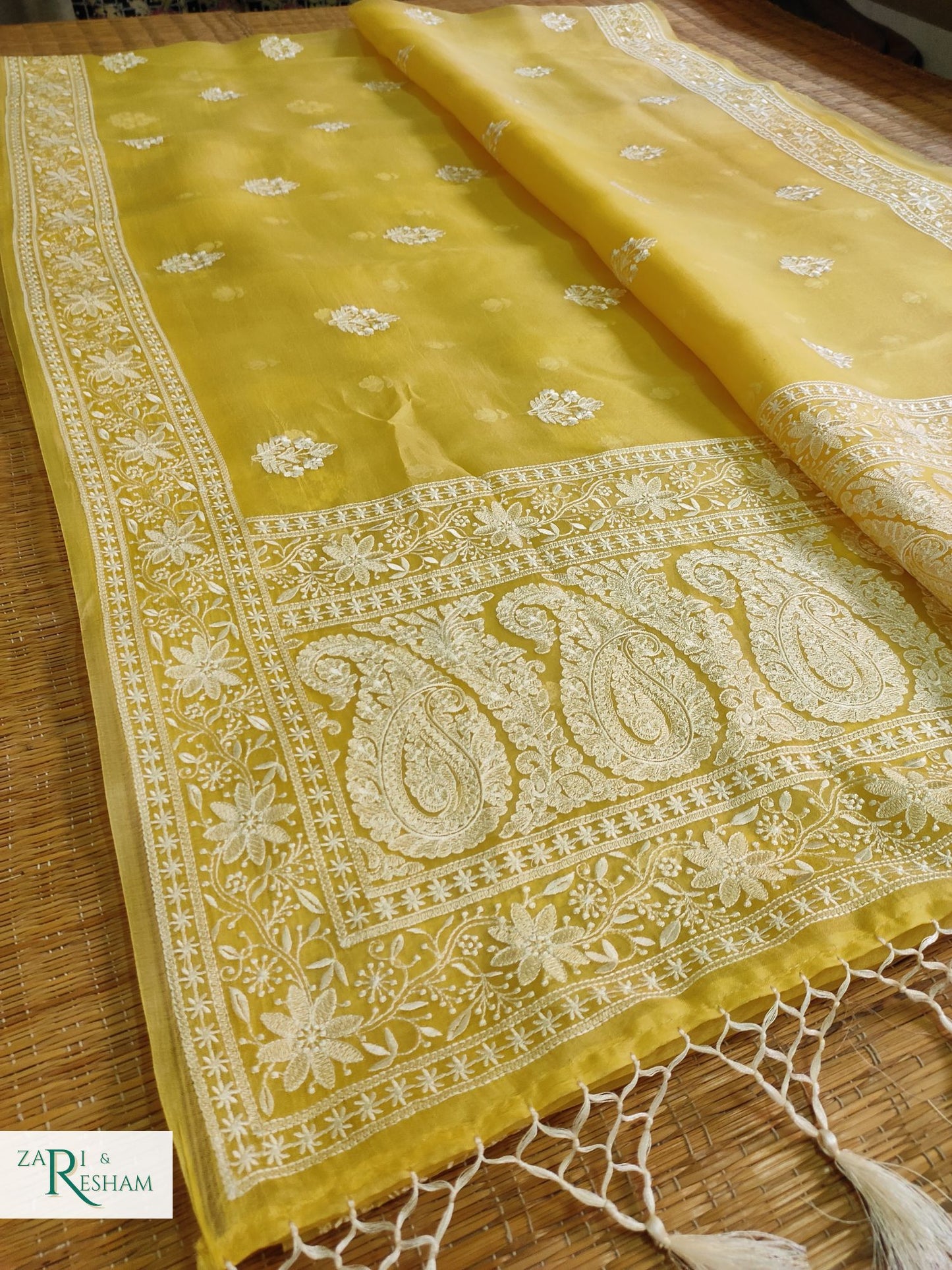 Pure Organza Silk Saree with Beautiful Chikankari Embroidery Work - Yellow