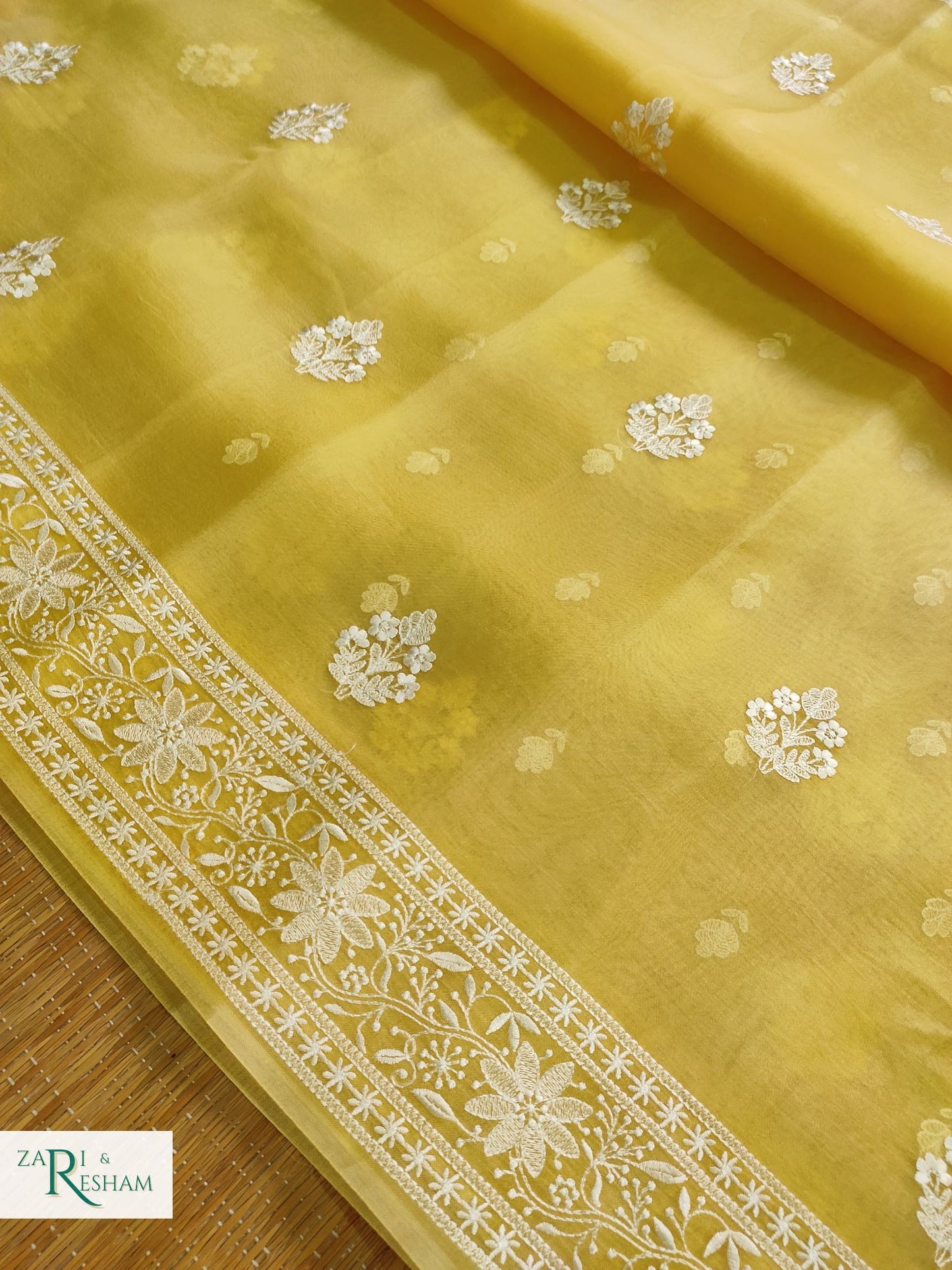 Pure Organza Silk Saree with Beautiful Chikankari Embroidery Work - Yellow