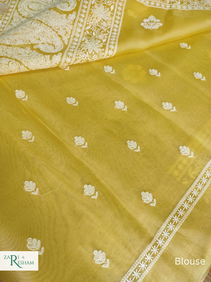 Pure Organza Silk Saree with Beautiful Chikankari Embroidery Work - Yellow