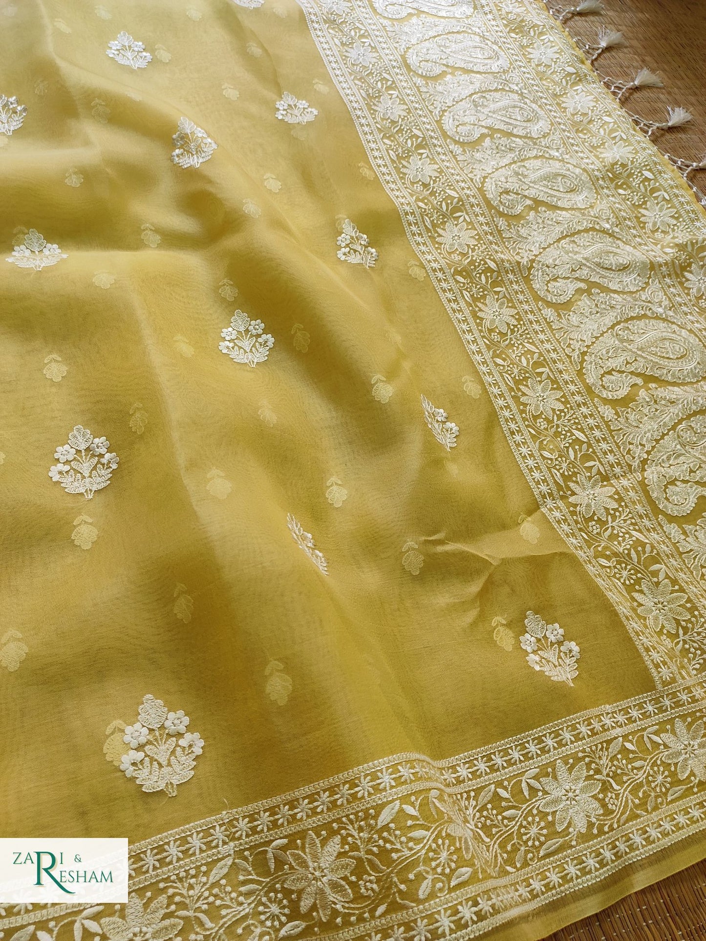 Pure Organza Silk Saree with Beautiful Chikankari Embroidery Work - Yellow