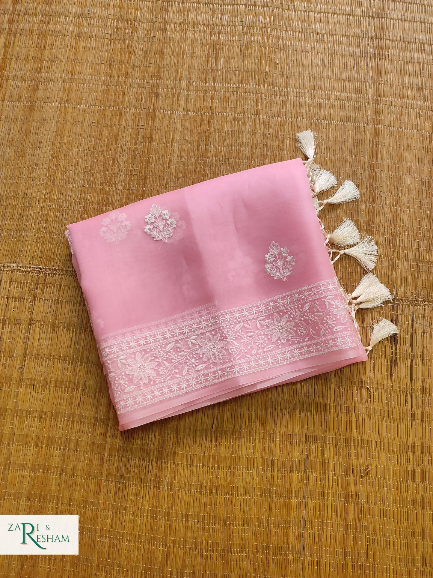 Pure Organza Silk Saree with Beautiful Chikankari Embroidery Work - Pink