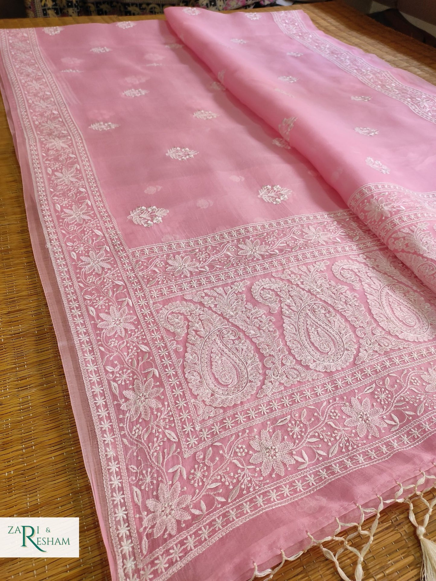 Pure Organza Silk Saree with Beautiful Chikankari Embroidery Work - Pink