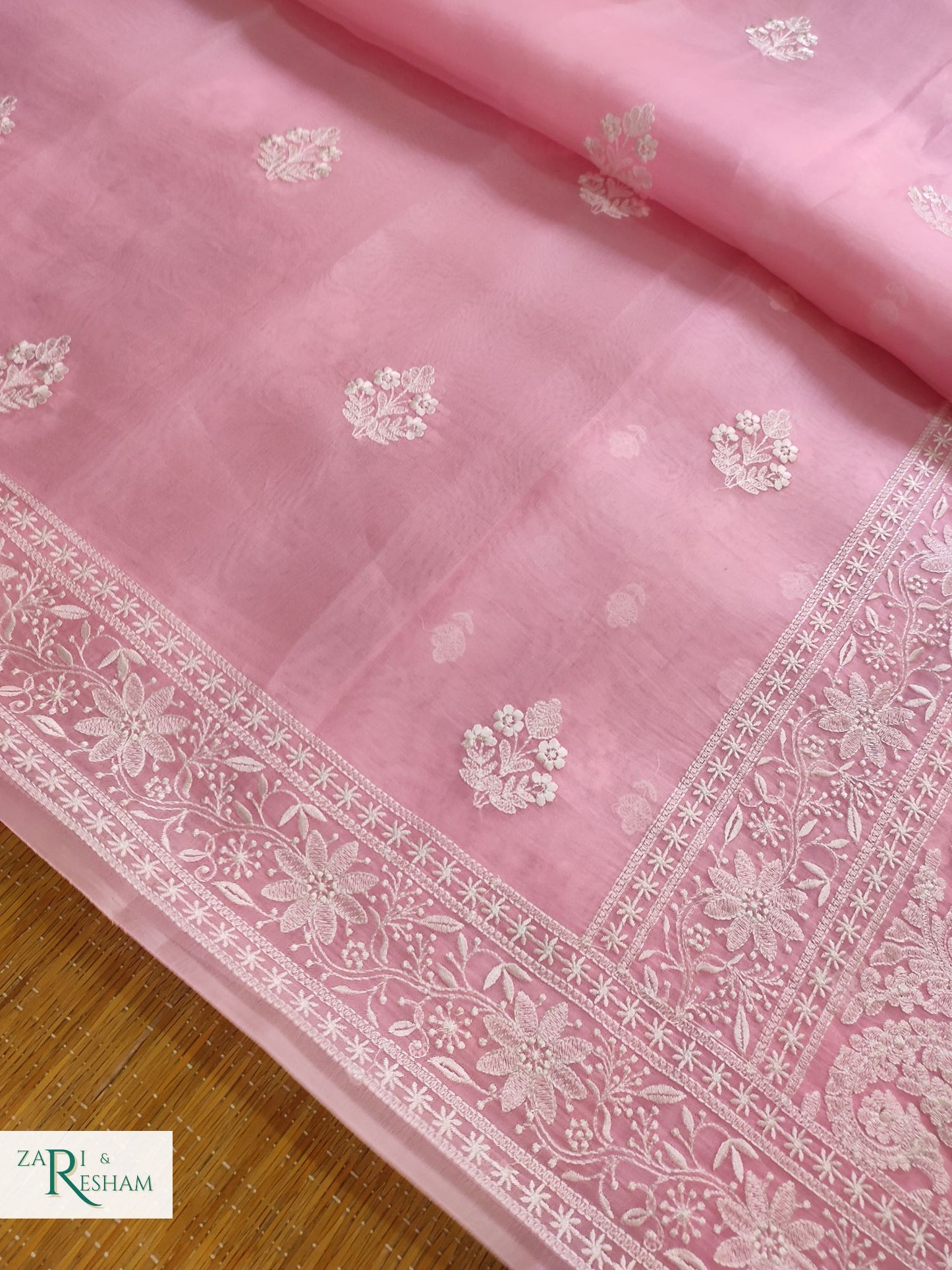 Pure Organza Silk Saree with Beautiful Chikankari Embroidery Work - Pink