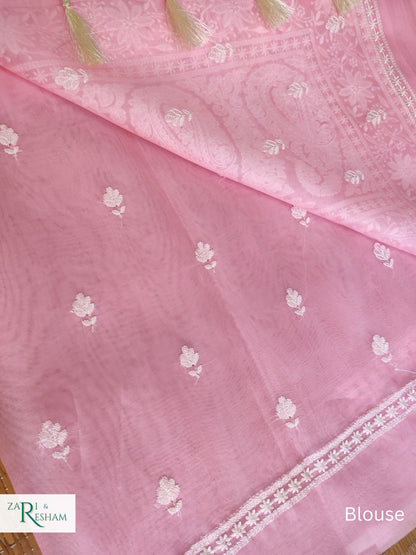 Pure Organza Silk Saree with Beautiful Chikankari Embroidery Work - Pink